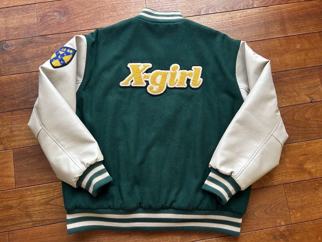 X-girl フェイクレザースタジャン ダークグリーン/ホワイト　Mサイズ