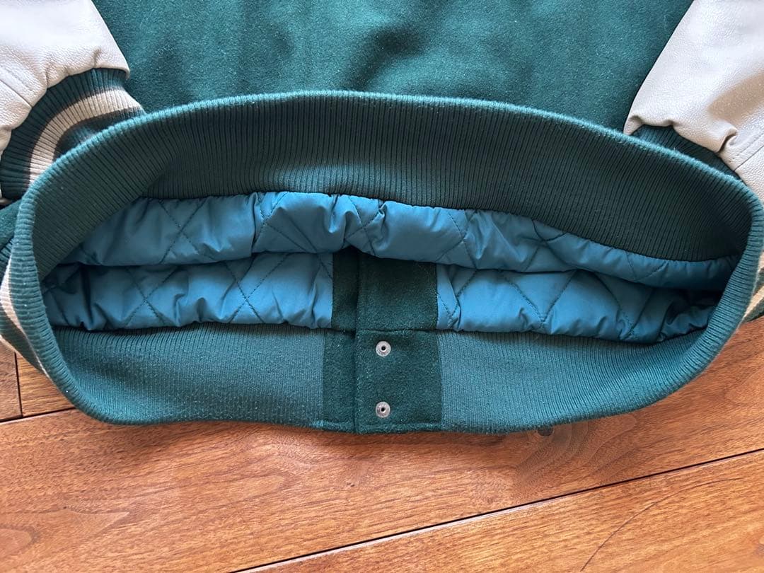 X-girl フェイクレザースタジャン ダークグリーン/ホワイト　Mサイズ