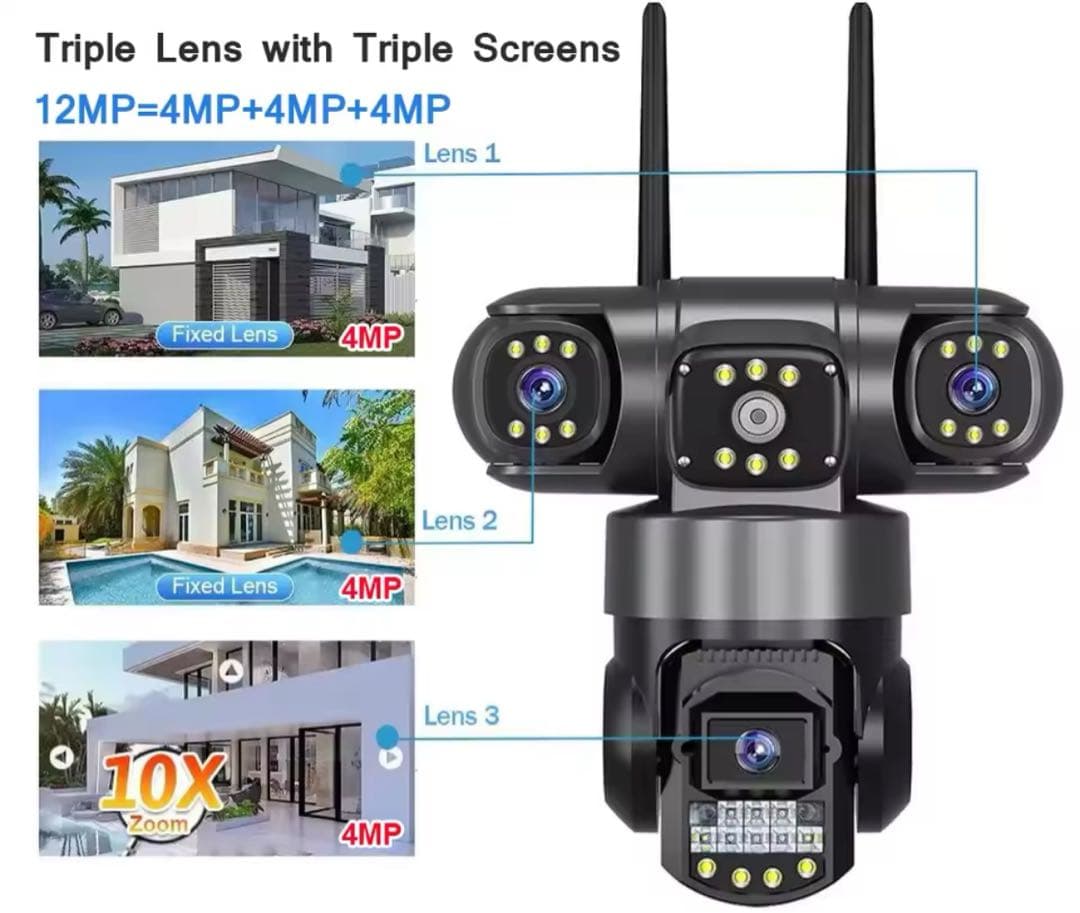 3レンズ防水仕様屋外用 Wi-Fi防犯カメラ　128GB miniSD付き