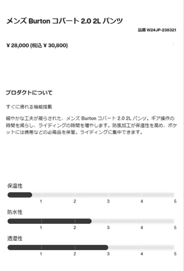 23-24 BURTON Covert 2.0 Pants　Mサイズ