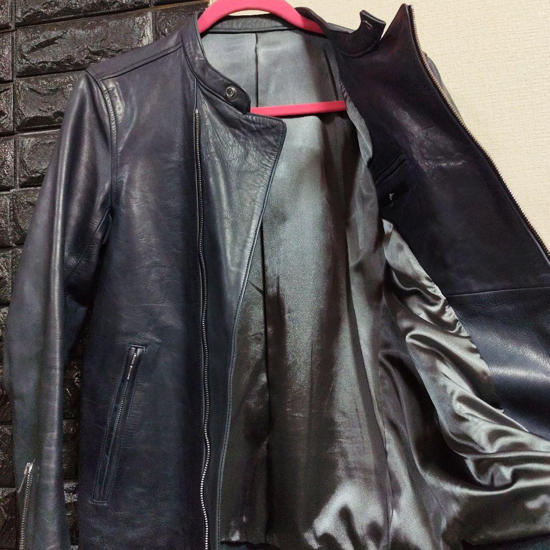 ノーアイディー　希少色ダークブルー本革（牛革）ダブルブレストライダースジャケット