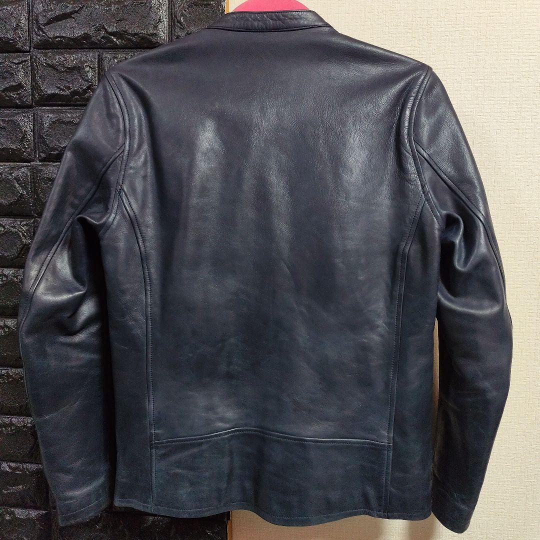 ノーアイディー　希少色ダークブルー本革（牛革）ダブルブレストライダースジャケット