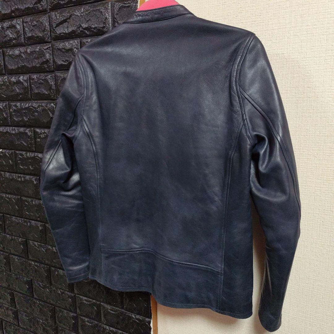 ノーアイディー　希少色ダークブルー本革（牛革）ダブルブレストライダースジャケット