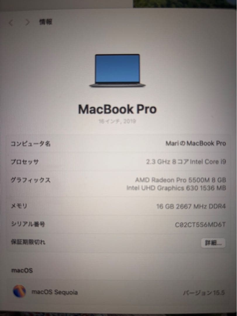 MacBook Pro 16インチ / Core i9 / 16GB / 2TB