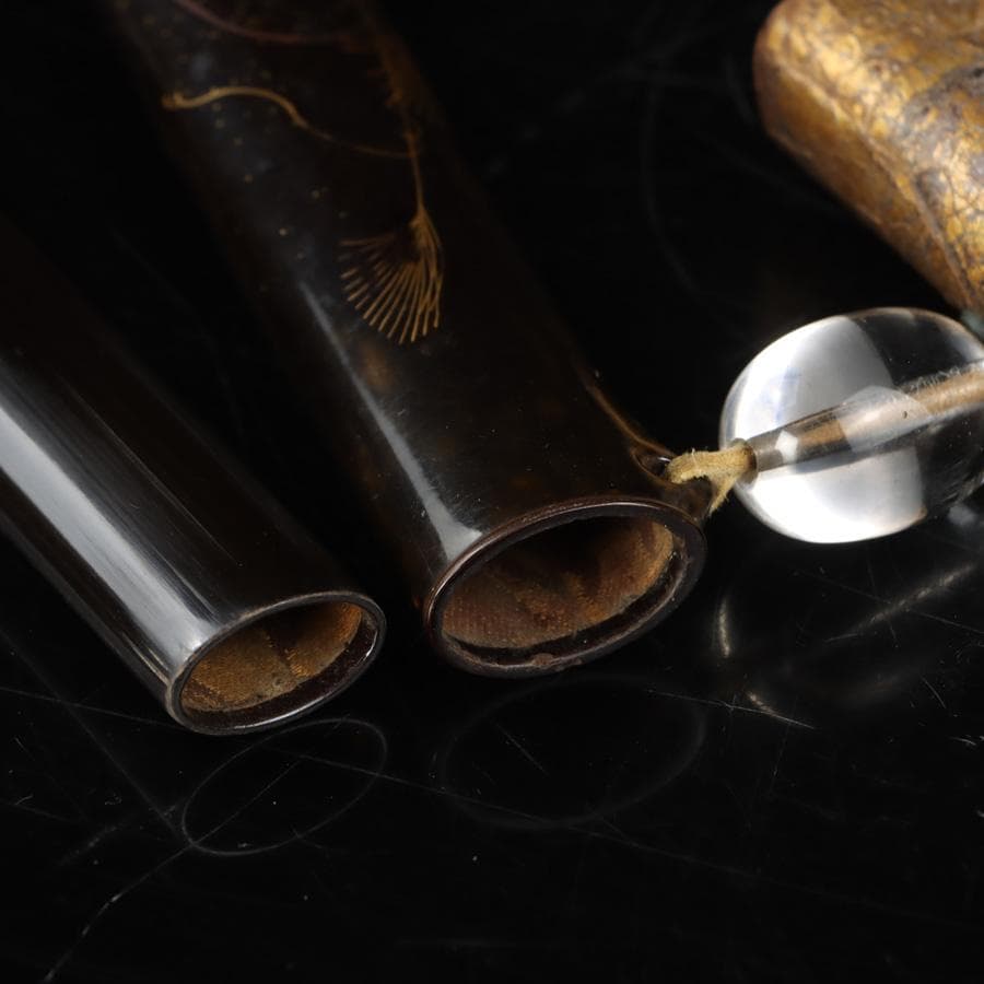 Y2978-2 時代物 金銀象嵌金具 金蒔絵 煙管入れ 煙草入れ 提物　　ち