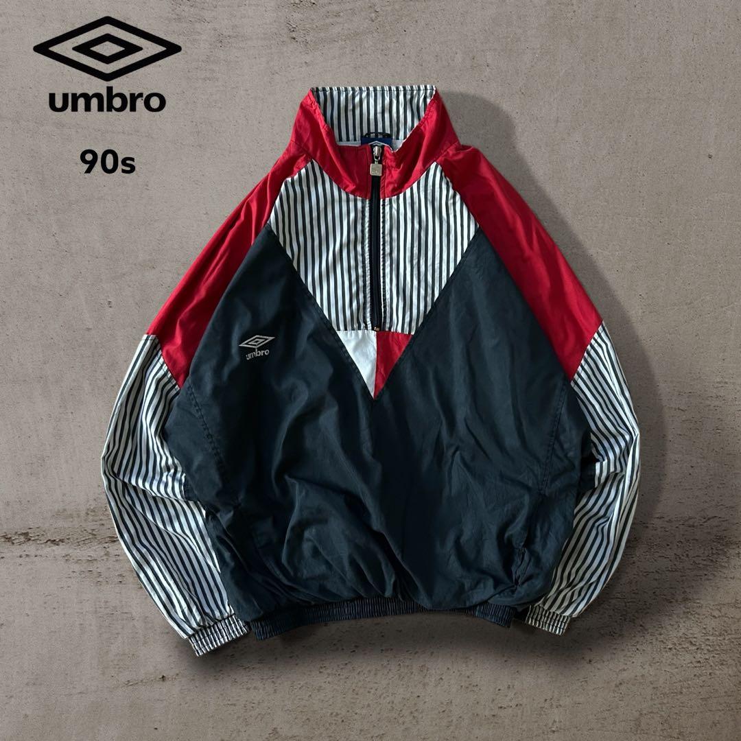 希少90sアンブロUMBROハーフジップナイロンジャケット刺繍ロゴ好配色古着XL