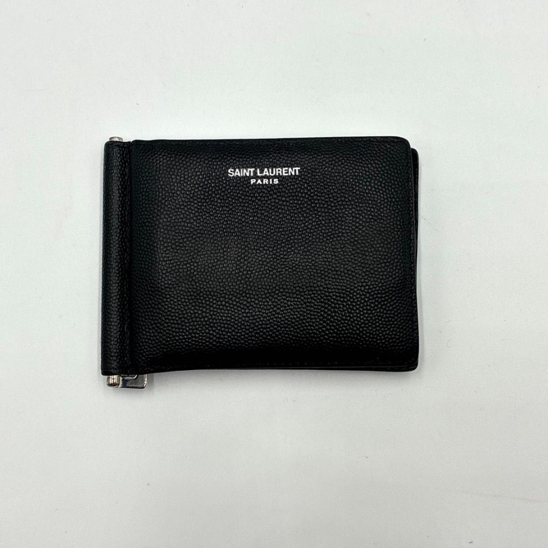鑑定済 サンローラン マネークリップ キャビアスキン 札入れ レザー 黒