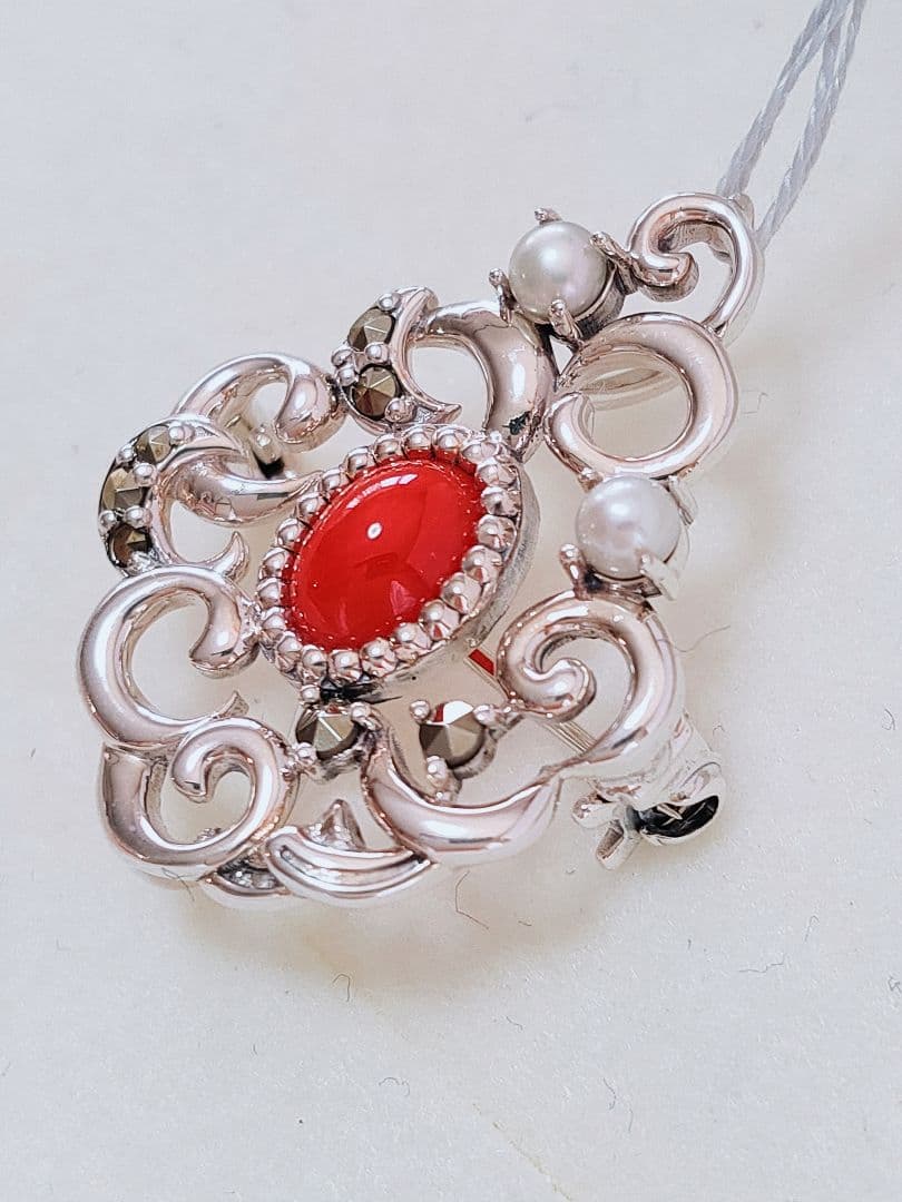 未使用品 碌山 赤珊瑚 シルバー ブローチ 兼 ペンダント