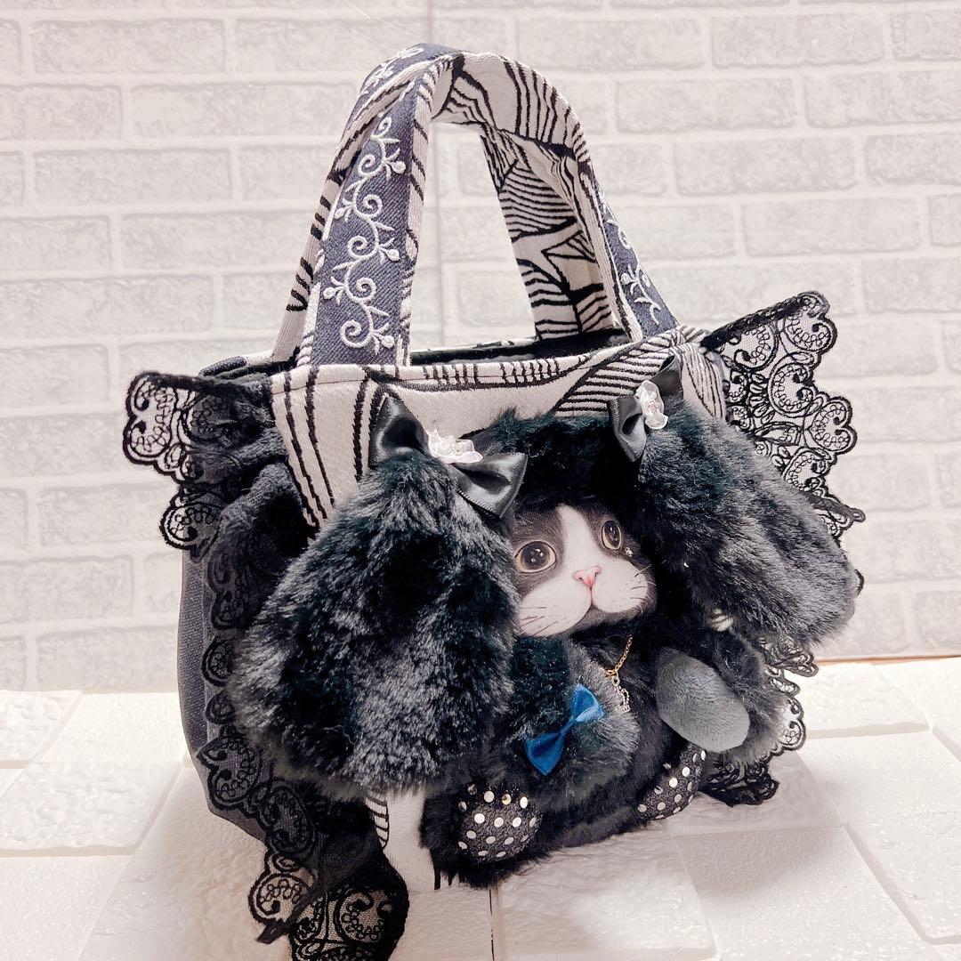 コヤンイサムチョン 黒猫の豪華レース トートバッグ ハンドメイド