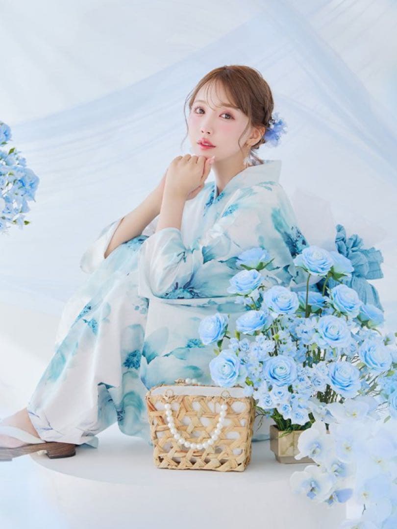 ブルーグレイニュアンスフラワー浴衣【浴衣3点セット】sugar 三上悠亜