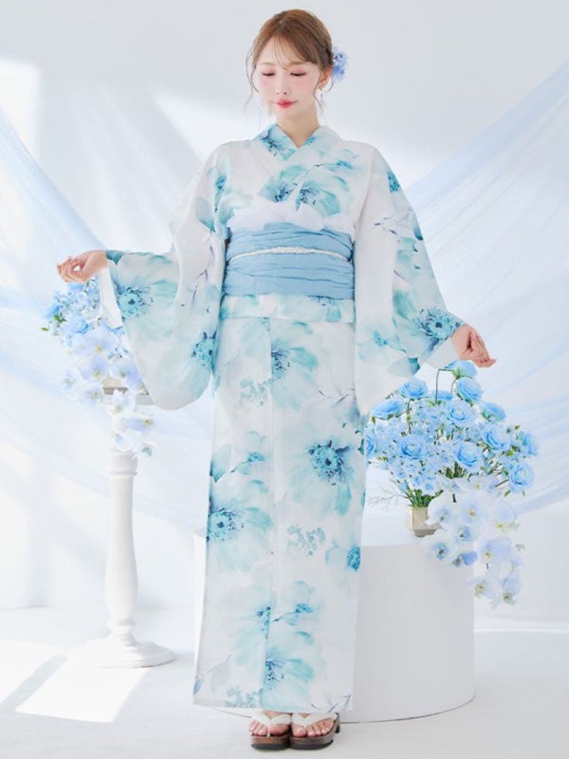 ブルーグレイニュアンスフラワー浴衣【浴衣3点セット】sugar 三上悠亜