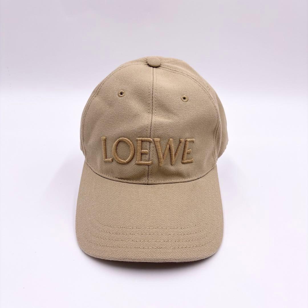 極美品 ロエベ ロゴ刺繍 ベースボールキャップ ベージュ レザーパッチ 帽子