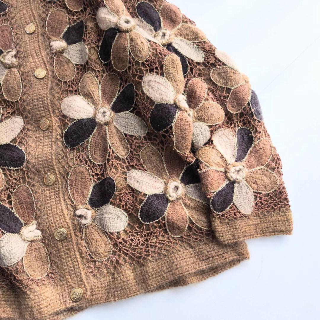 ヴィンテージ　大輪の花　花柄　モヘア混　ニット　カーディガン　ブラウン　P