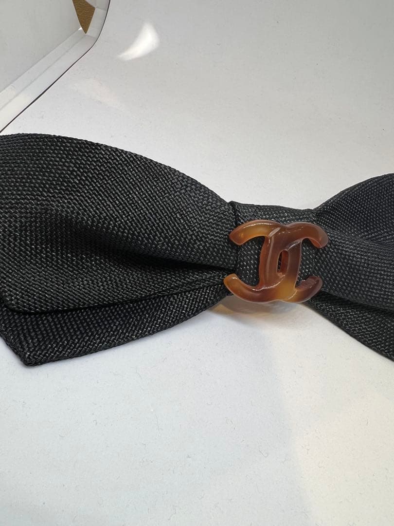 【美品】CHANELリボンバレッタ✴︎鼈甲風ロゴ 麻リボン ブラック