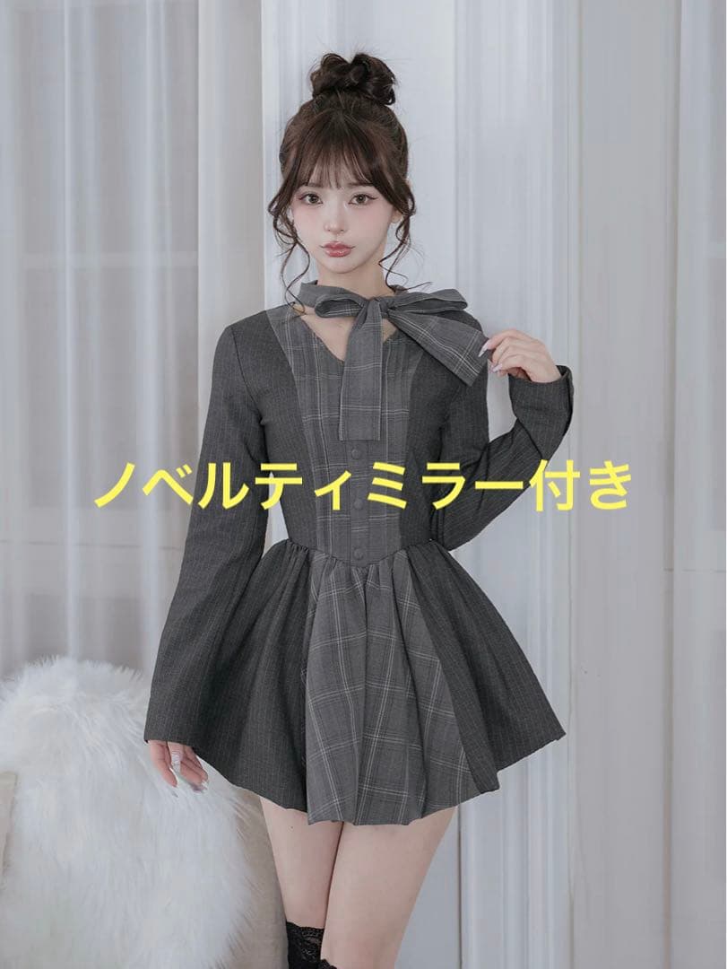 チェックストライプバルーンミニワンピース GRY FREEサイズ ノベルティ付き