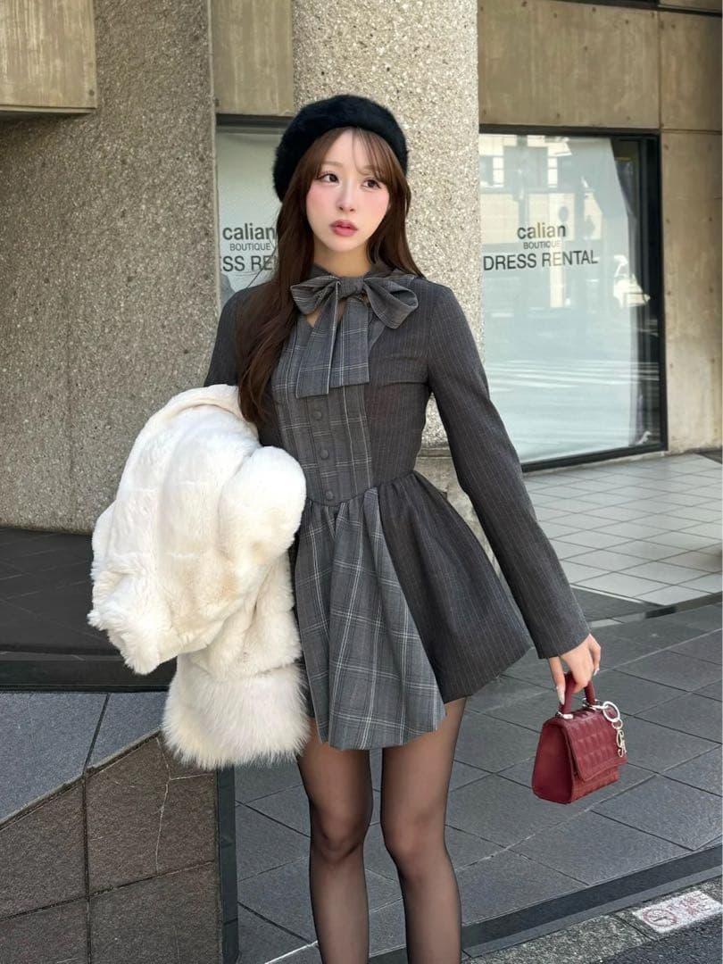 チェックストライプバルーンミニワンピース GRY FREEサイズ ノベルティ付き