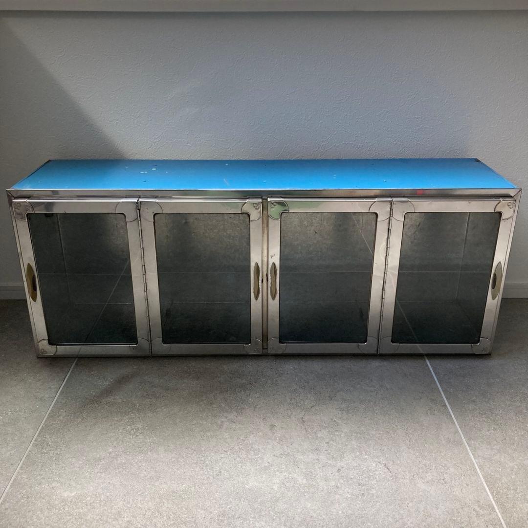 駄菓子屋ブリキ ケース　4枚扉　ガラス窓　仕切付　縦30cm×横79cm