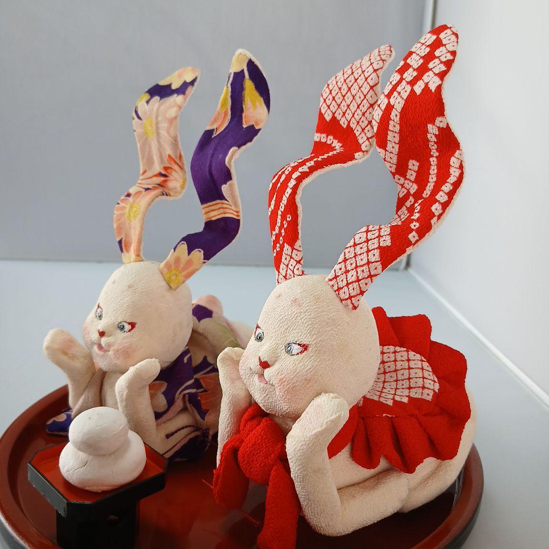 私の手作り/頬杖福耳ウサギ/古布ちりめん/お月見だんご付きセット