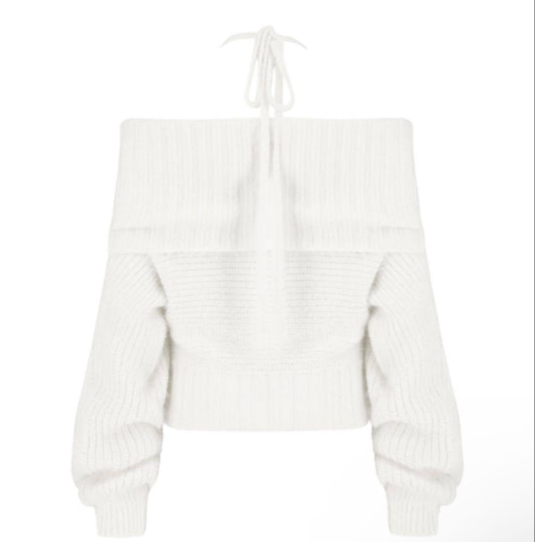 Kleesier パレットオフショルダーリボンニット　ホワイト