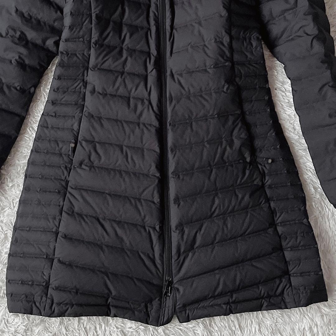 【美品】ノースフェイス ライトダウンコート フーディー ロゴ刺繍 グレー×黒