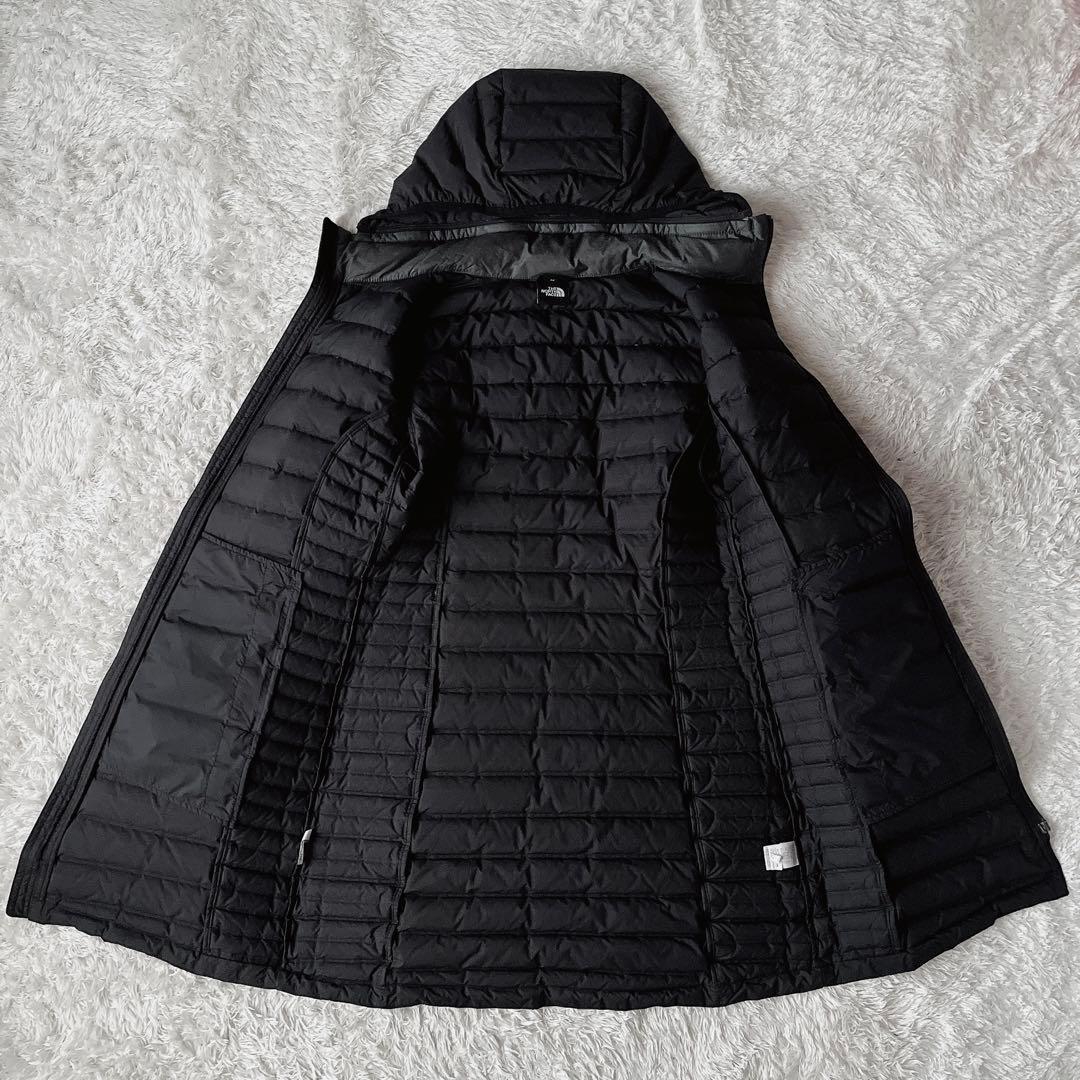 【美品】ノースフェイス ライトダウンコート フーディー ロゴ刺繍 グレー×黒