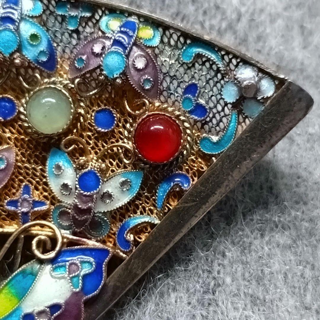 【希少】七宝焼 透かし扇 銀線細工 ブローチ