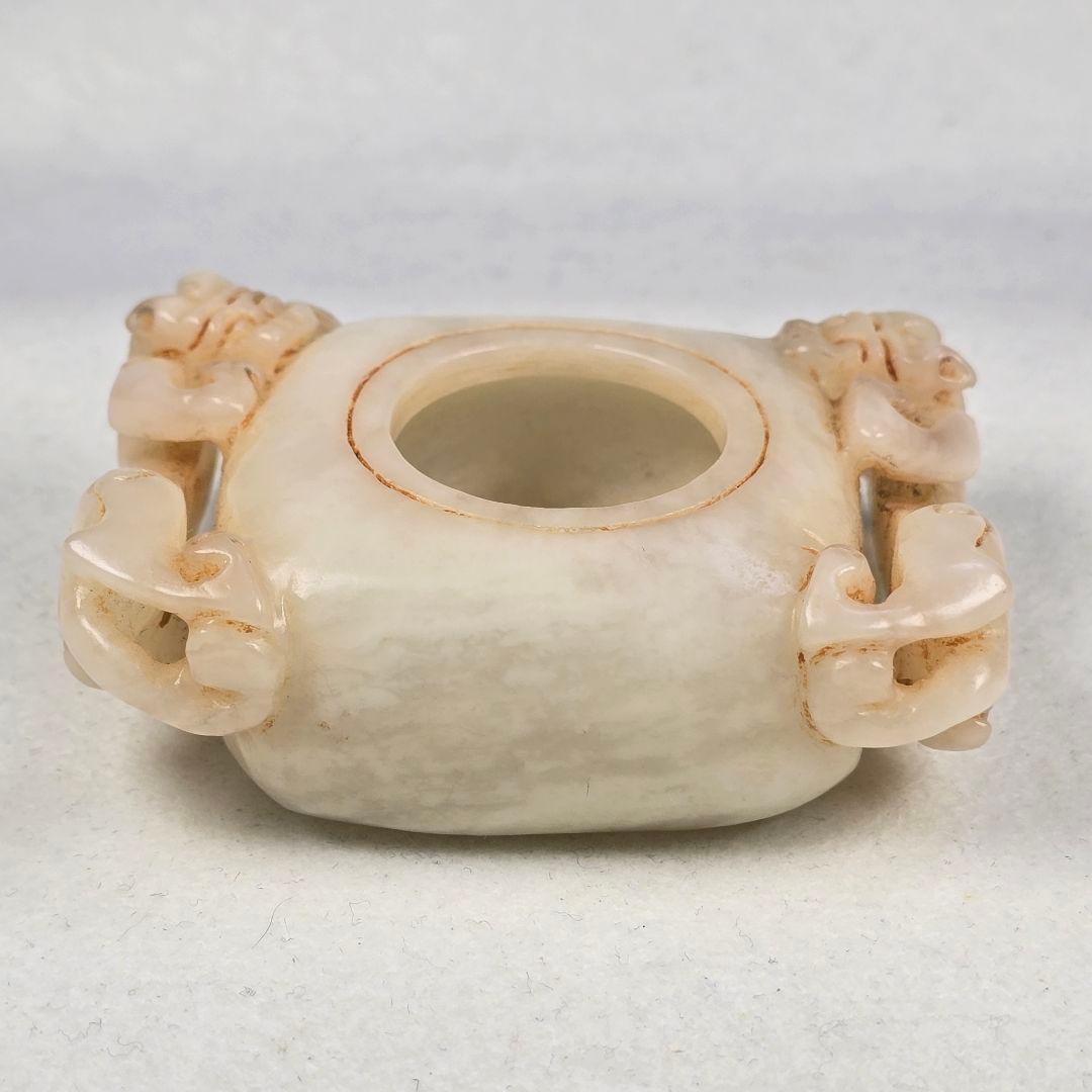 古文房具 本物和田白玉 原石 手彫 清代 双龍出郭 筆洗 筆添 墨池 水鉢 激安