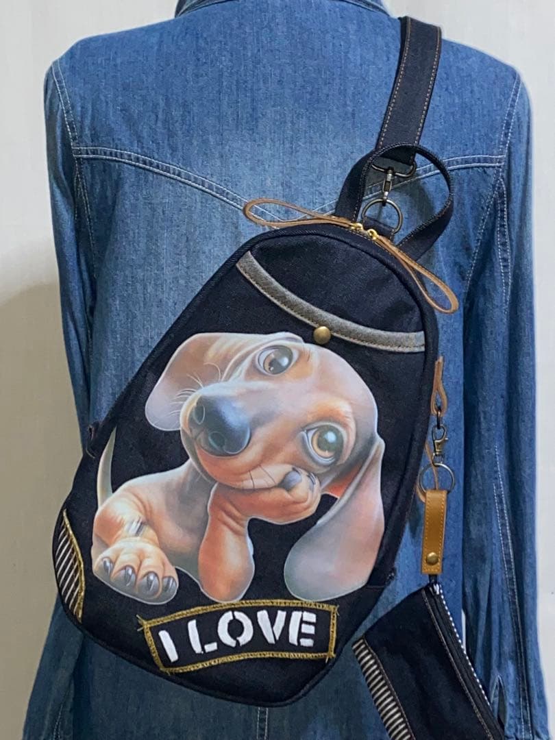 男女兼用☆岡山デニム☆ダックス☆ステンシル♪リュックorワンショルダーバッグ