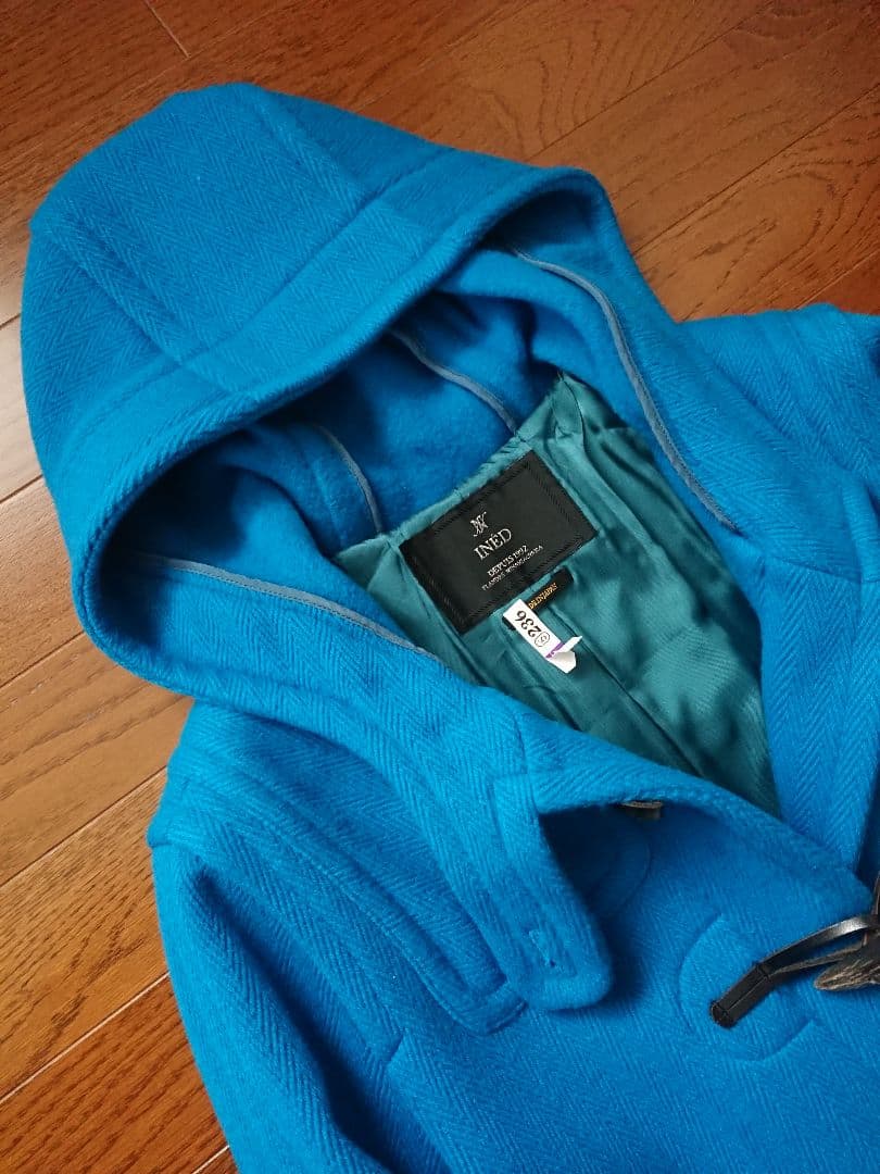 日本製　INED　ヘリンボーンダッフルコート　ブルー　青　15号XL　レディース