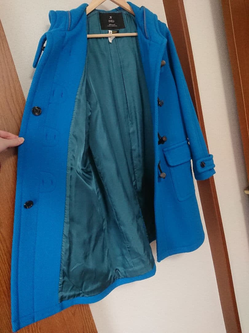 日本製　INED　ヘリンボーンダッフルコート　ブルー　青　15号XL　レディース