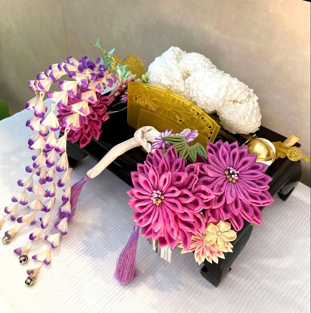 専用　紫菊花簪　藤下り　櫛平打ち簪　Uピン後挿し玉飾り　画像14鹿の子ちんころ