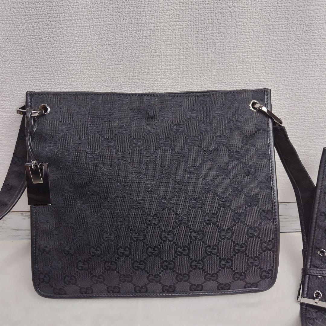 ✨美品✨GUCCI　グッチ　ショルダーバッグ　GG柄　キャンバス　レザー　黒