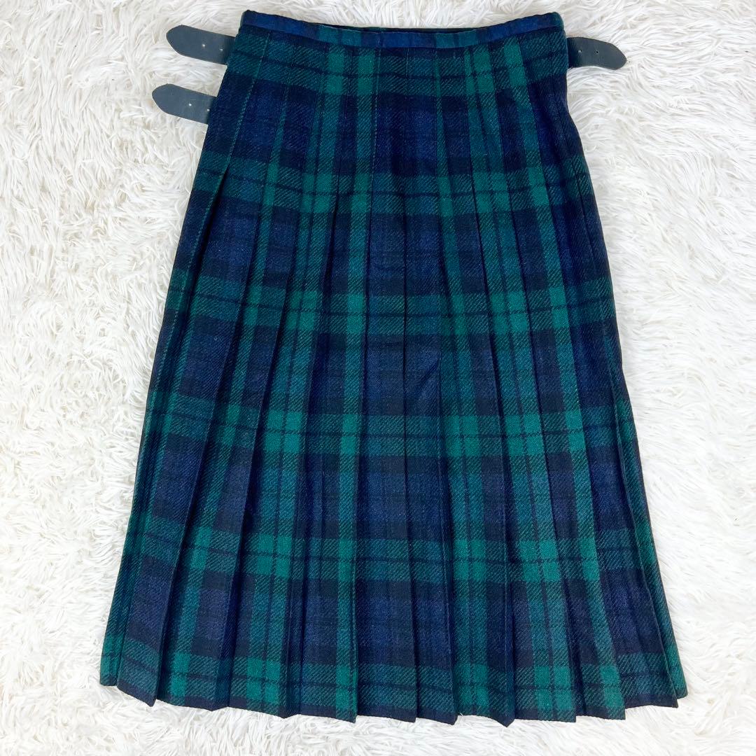 オニールオブダブリン プリーツ ウール ラップスカート チェック 近年 グリーン