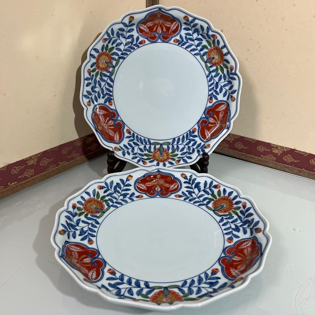 源右衛門　古伊万里風錦唐花　大皿２枚　25㎝