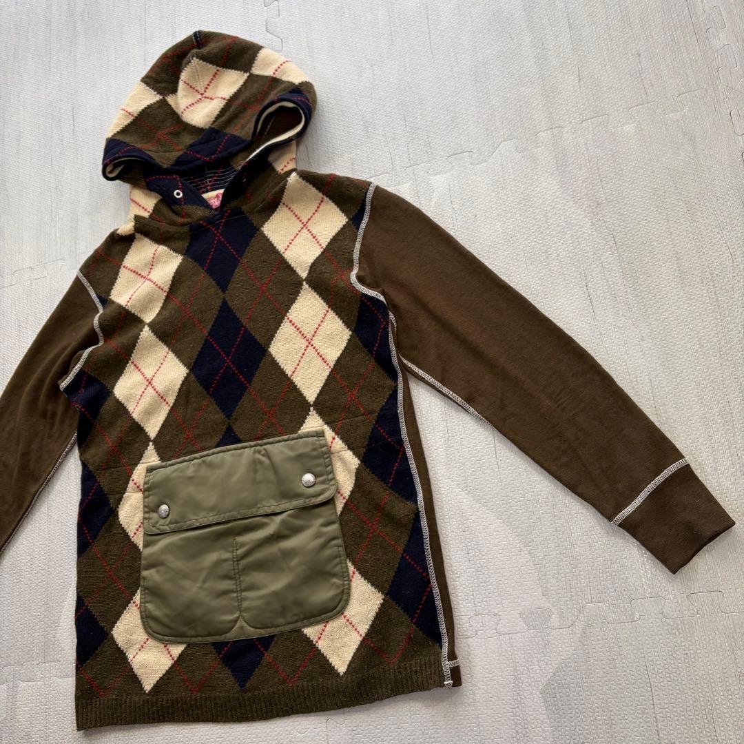 ジュンヤワタナベ アーガイル ニットパーカー ウール カーキ フロントポケット