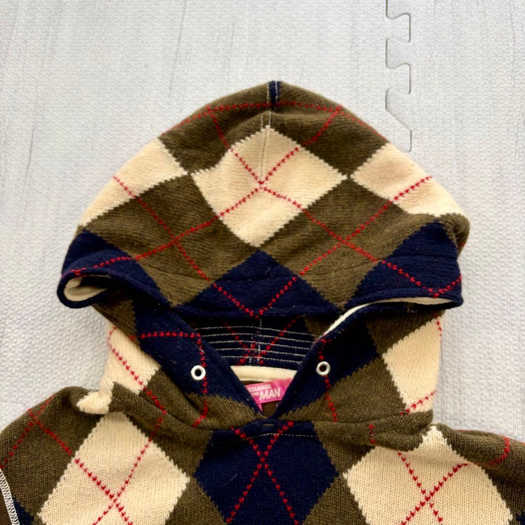 ジュンヤワタナベ アーガイル ニットパーカー ウール カーキ フロントポケット