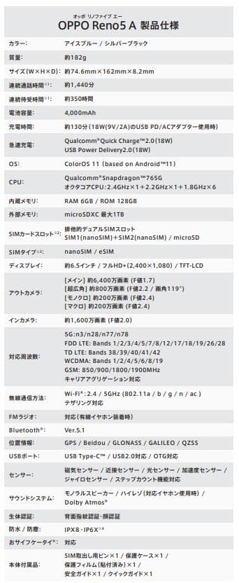 【美品】OPPO reno5a 128G SIMフリー