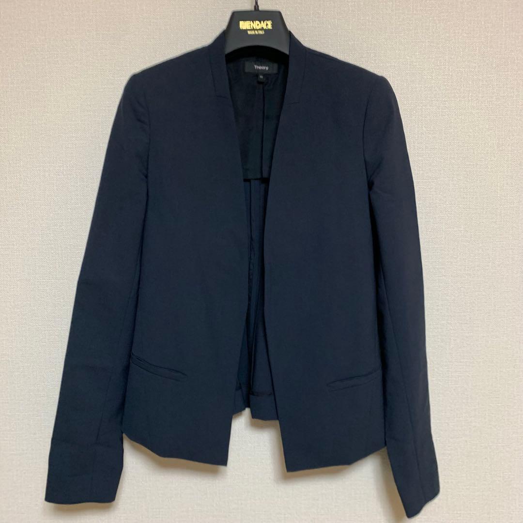 【人気】セオリー　ネイビー　ノーカラー　S セット　パンツスーツ　背抜き