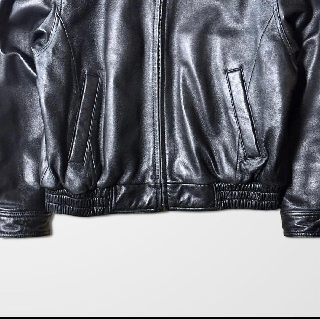 ラムレザー　レザージャケット　ブラック もちもち　XL ジップ　短丈　古着　黒革