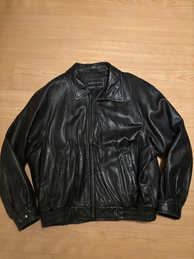 ラムレザー　レザージャケット　ブラック もちもち　XL ジップ　短丈　古着　黒革