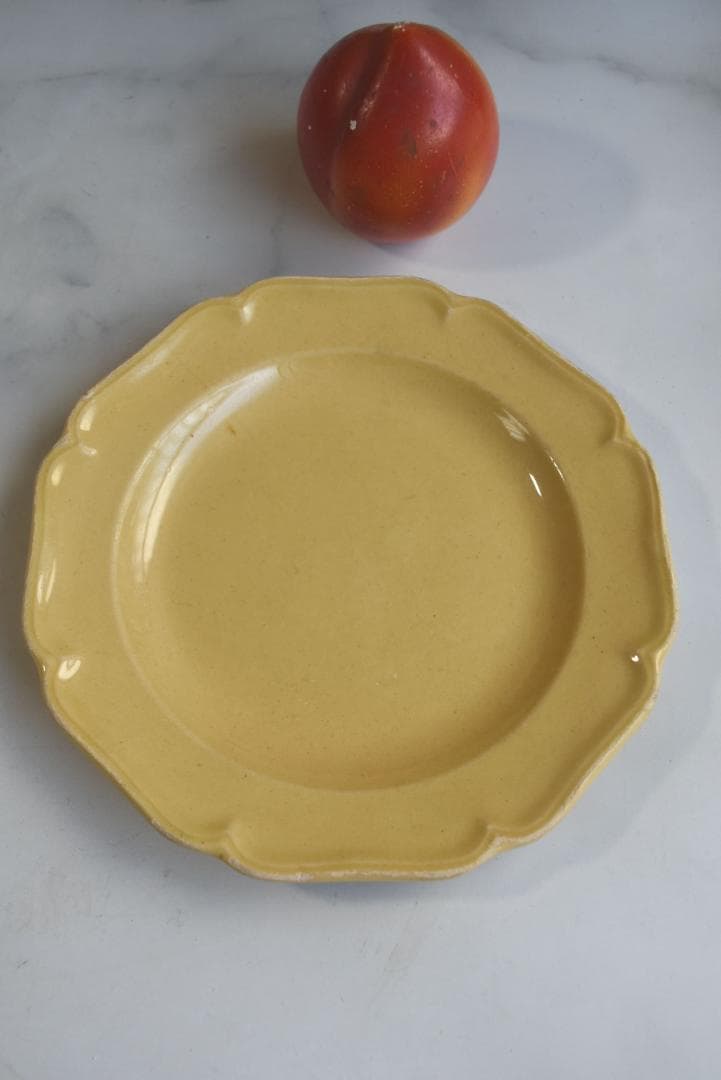 訳有3枚組　19世紀アプト窯　黄釉花リム　デセール皿　アンティーク　金継