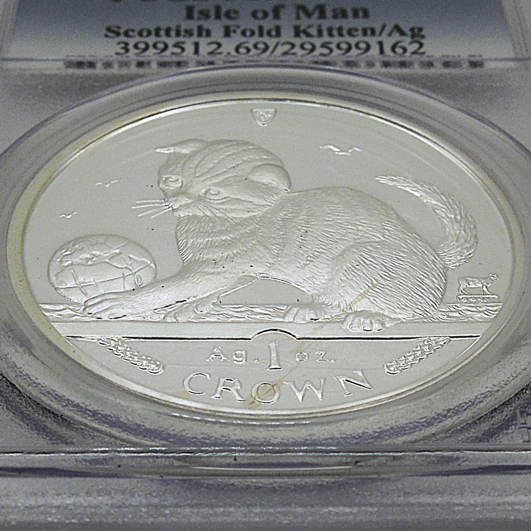 世界に5枚 PCGS 69DCAM 地球で遊ぶ猫 2000 マン島 クラウン銀貨