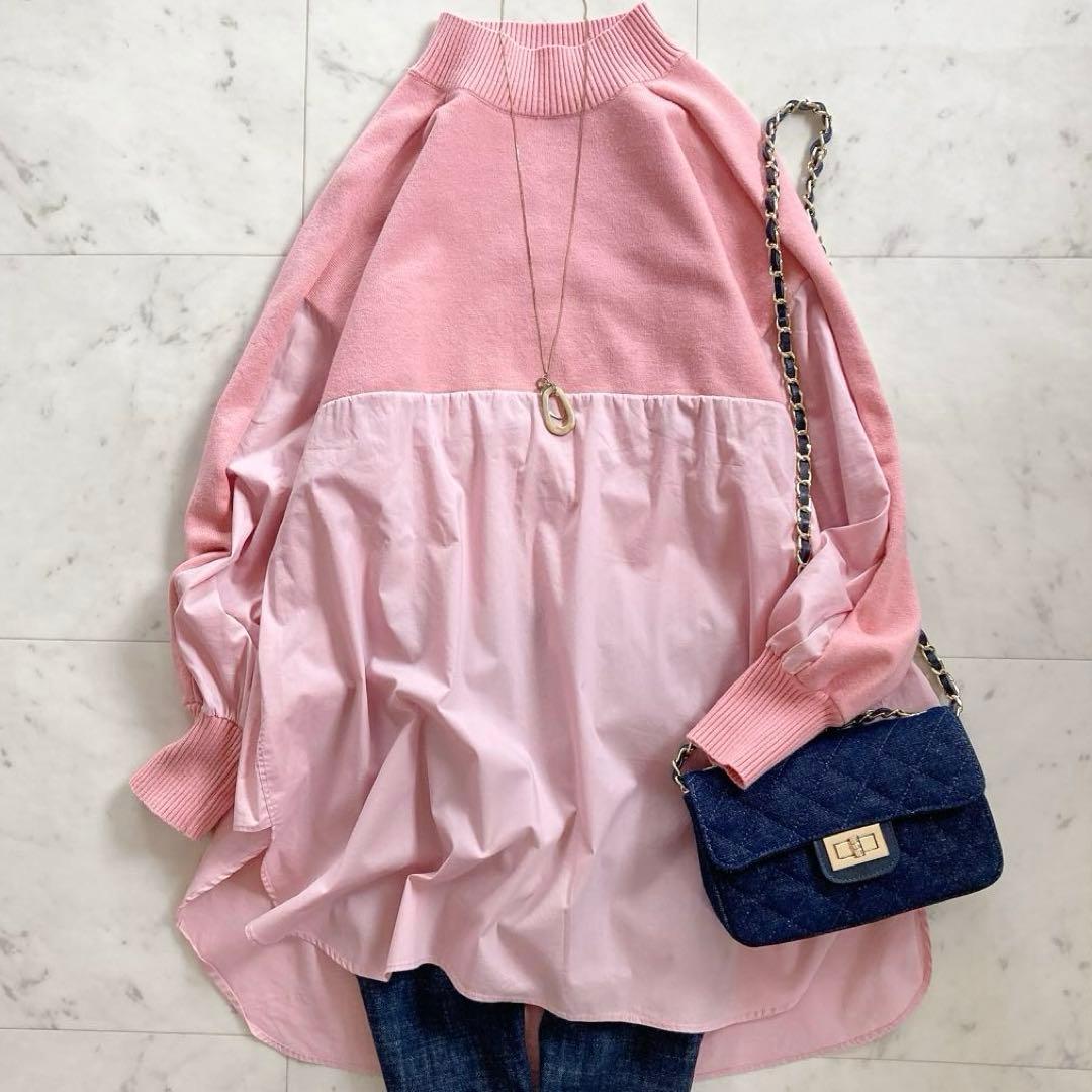 美品　ビアズリー　シャツコンビモックネックニット　春色　桜色