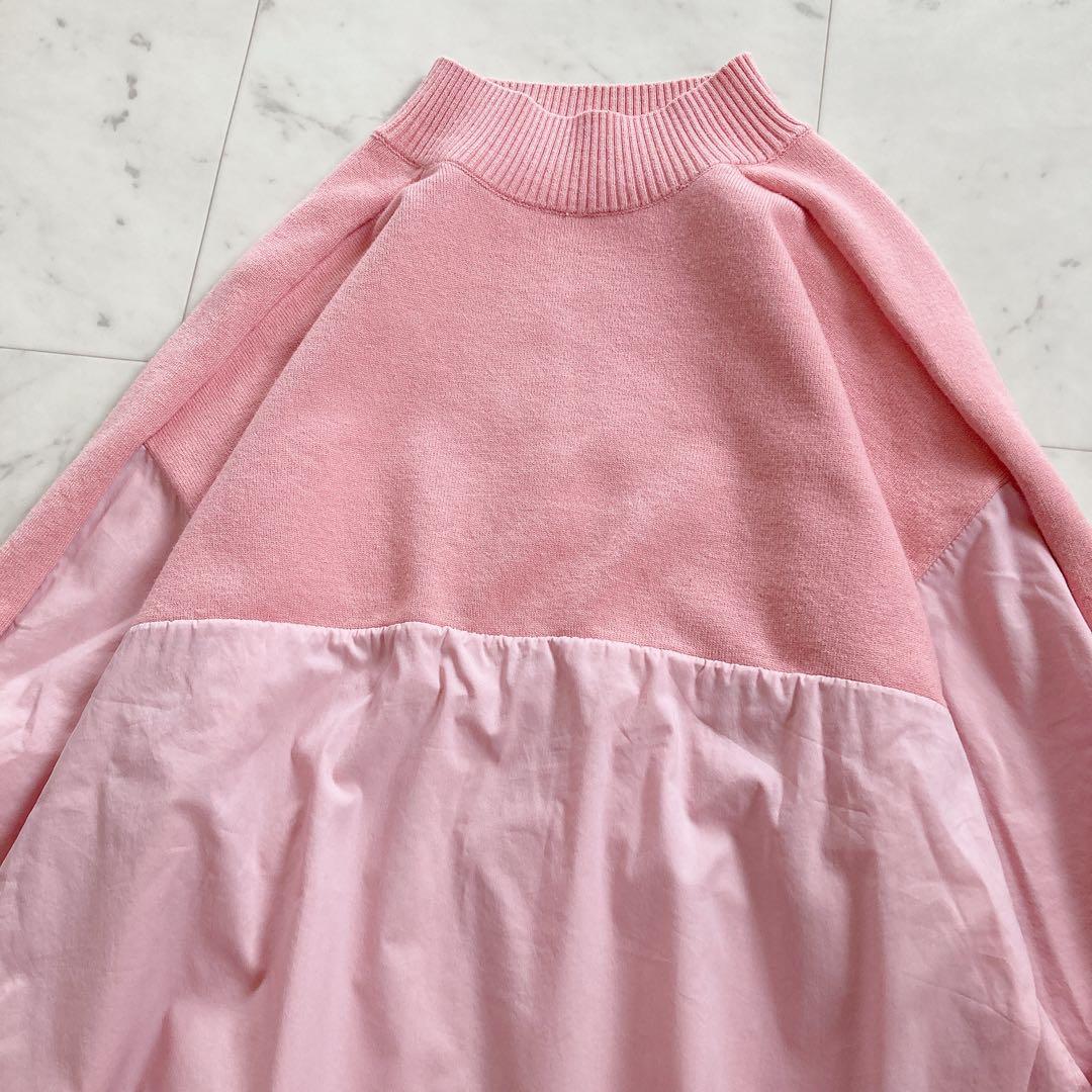 美品　ビアズリー　シャツコンビモックネックニット　春色　桜色