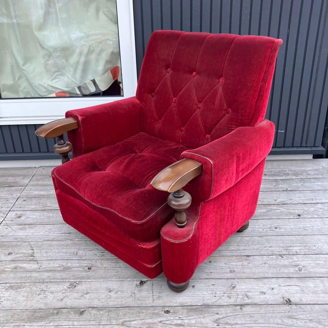 ② 昭和レトロ 古家具 一人掛けベロアソファー アームチェア ヴィンテージ 赤