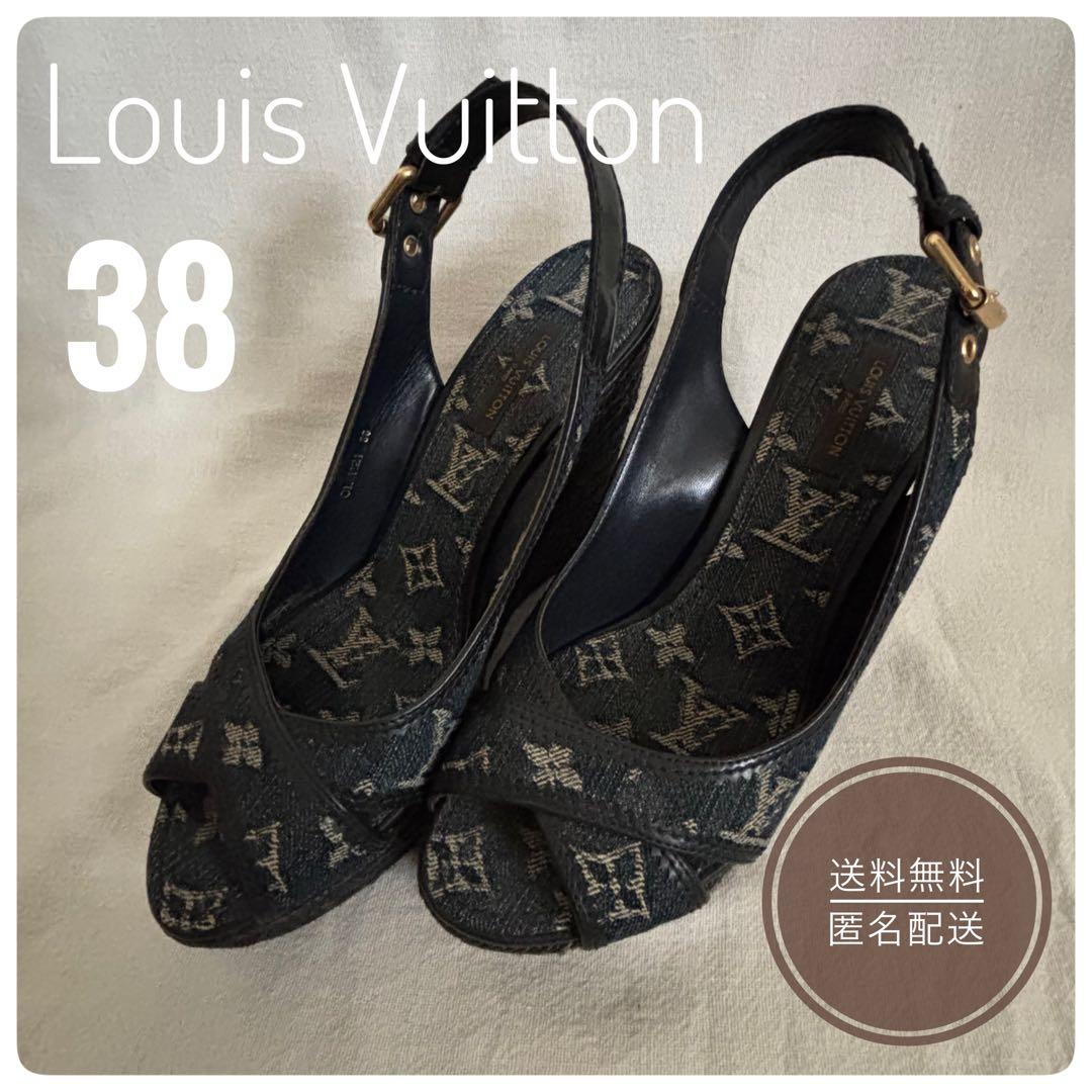 ルイヴィトン モノグラム デニム オープントゥ ウェッジソール サンダル38