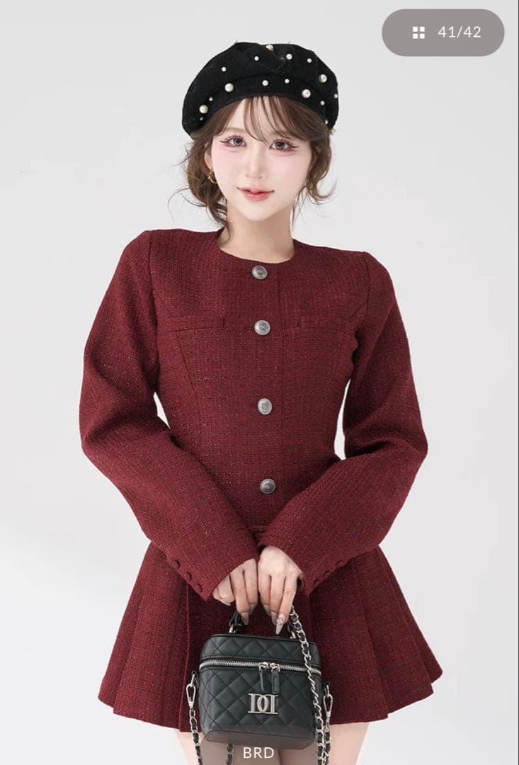 ダーリッチ　ボックスプリーツツイードミニワンピース　F-L ボルドー