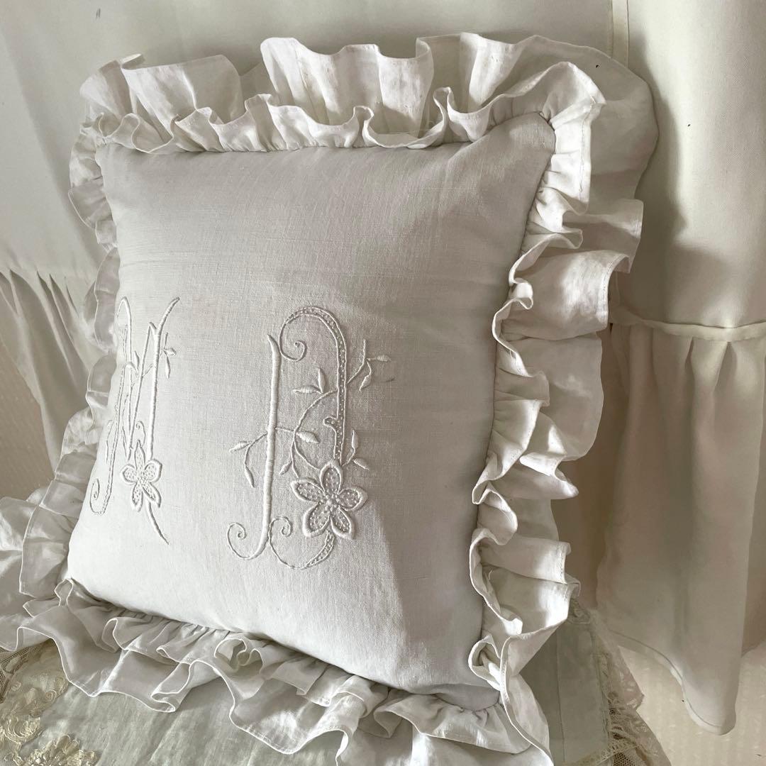 フランスアンティークモノグラムファブリックリメイク　クッション
