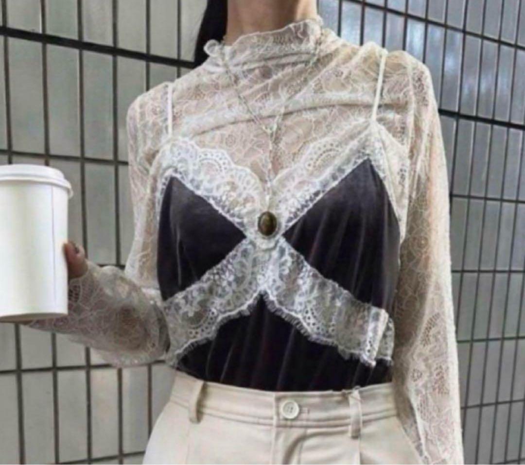 トップス Ameri vintage VELOUR CAMI SET LACE TOP