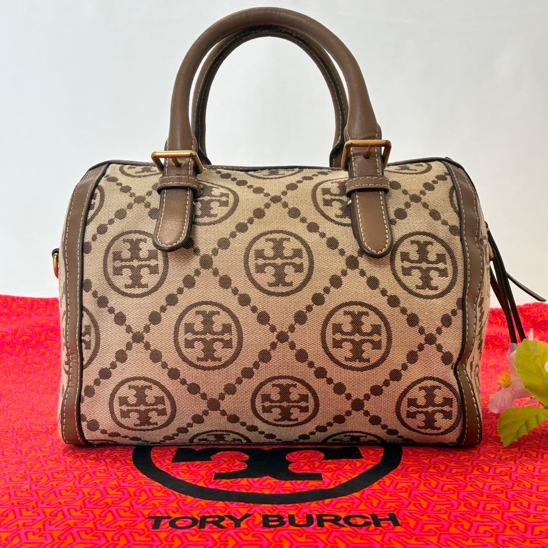【美品】トリーバーチ Tモノグラム バレルバッグ 2way ショルダーバッグ 茶